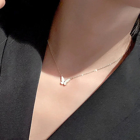 LATS New Shiny Butterfly Necklace Ladies Exquisite Double Layer Clavicle Chain Necklace Jewelry for Ladies Gift