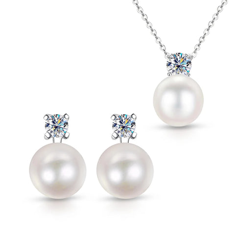 D Color Moissanite Pearl Jewelry Sets for Women 4mm Moissanite Diamond Pendant Necklace Earrings Luxury Wedding Anniversary Gift