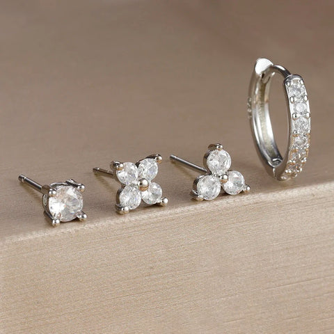 4PCS 18K Gold Plated Flower Round Piercing Earrings