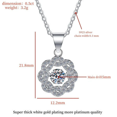 JEJIRCON S925 Sterling Silver Moissanite Necklace for Women 0.5CT Jumping Heart Moving Flower Versatile Pendant Clavicle Chain