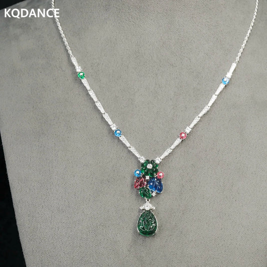 KQDANCE  Luxury Solid 925 Silver Gold Plated Synthetic Gemstone High Carbon Diamond Colorful Flower Green Leaf Fruit Necklace