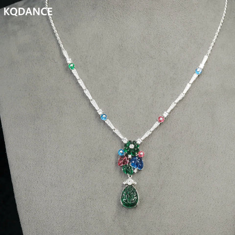 KQDANCE  Luxury Solid 925 Silver Gold Plated Synthetic Gemstone High Carbon Diamond Colorful Flower Green Leaf Fruit Necklace