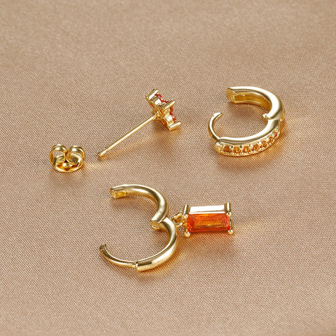 3PCS Fashion Orange Blue Zircon Hanging Earrings