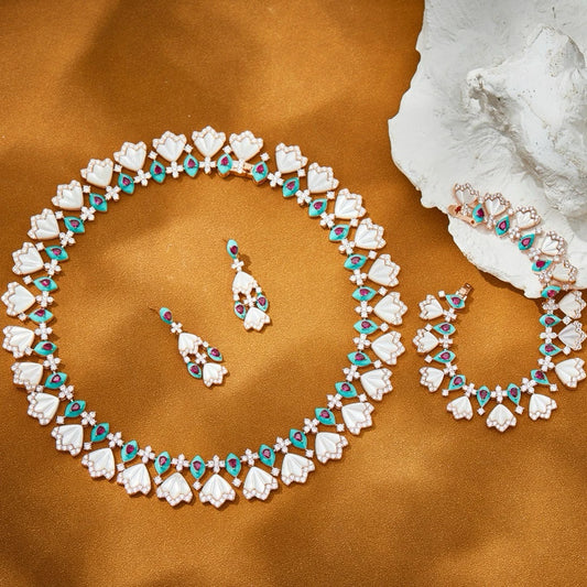 Luxury Temperament AAA Zircon Fan Shaped Blue Red Necklace Drop Earrings For Women Wedding Party Evening Dress Jewelry Sets