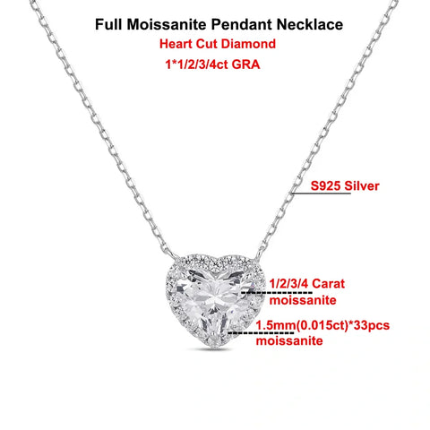 1/2/3/4ct Heart Cut Full Moissanite Diamond Pendant Necklace for Women 925 Sterling Silver Wedding Neck Chain with GRA Certified