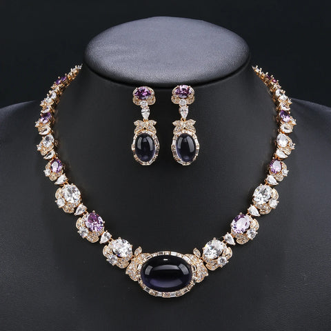 Beautiful Pink, Purple Imitation Agate Stone, Cubic Zirconia Necklace Earrings Set Bridal Wedding Jewelry Gift CN11334