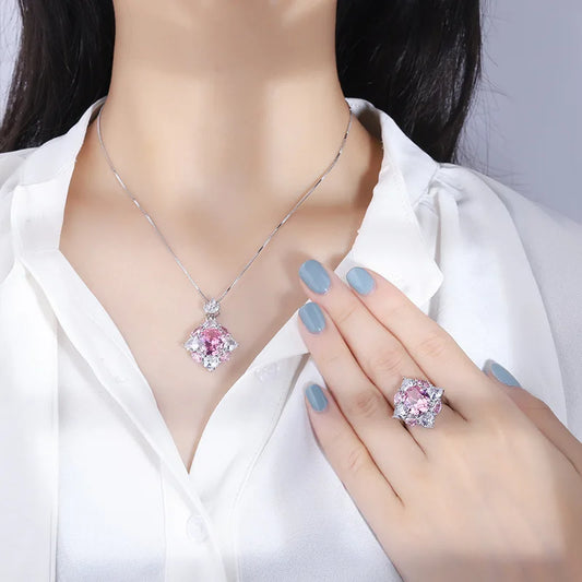 Jewelry Gold Plated Hot Selling Vintage Style Pink Diamond Pendant Ring Set Main Stone 10*12
