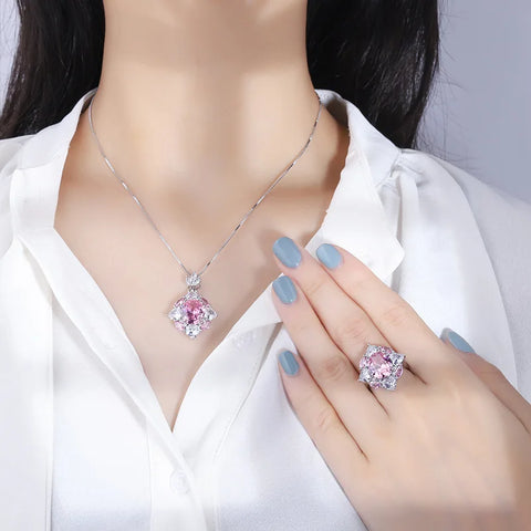 Jewelry Gold Plated Hot Selling Vintage Style Pink Diamond Pendant Ring Set Main Stone 10*12