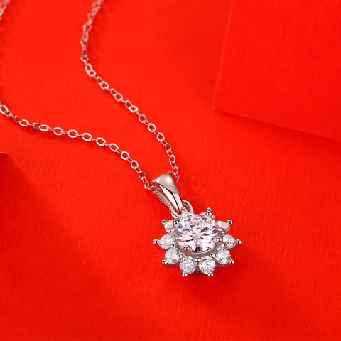 Original Silver Sterling 925 Moissanite Pendant Necklace for Women Girl Lady Sunflower Shape Cute 1 Carat Birthday Gift