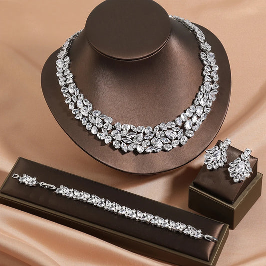 ZAKOL Brand Luxury White Dubai Nigeria Jewelry Set for Women CZ Zirconia Earrings Necklace Sets Bridal Wedding Dress