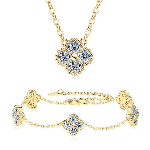 18k Gold Plated 925 Silver 3mm Moissanite Necklace Earrings Bracelet Sets 3 In 1 Clover Flower Charm Jewelry Set for Women Gift