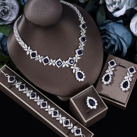 2022 Popular Cubic Zirconia Wedding Jewelry Set Women's Bride 4 Earrings Necklace Set Promotion