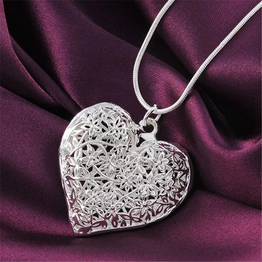 925 Sterling Silver 18-30 Inch Carved Heart Pendant Snake Chain Necklace For Women Fashion Wedding Party Charm Jewelry