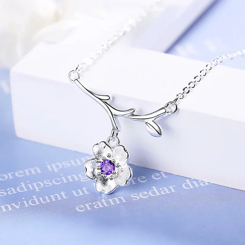 Cute Branches Cherry Flower Pendant Necklaces Shiny Crystal Zirconia Copper Romantic Female Elegant Neck Jewelry Accessories