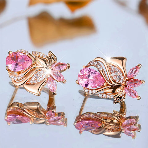 Luxury Female Pink Zircon Stone Hoop Earrings