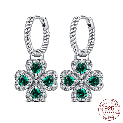925 Sterling Silver Elegant Sparkling Lucky Clover Hoops Earring