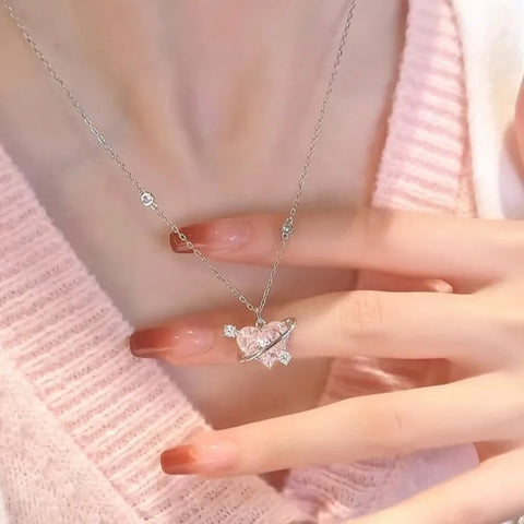 Y2K Luxury Pink Zircon Crystal Heart Pendant Necklace for Women Clavicle  Birthday Party Anniversary Gift Jewelry mujer