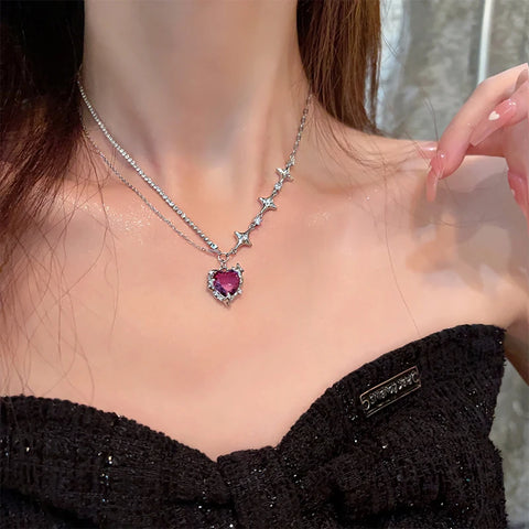 Y2K Accessories Fashion Peach Heart Water Drop Pendant Necklace Purple Crystal Egirl Sweet Cool Clavicle Chain Aesthetic Jewelry