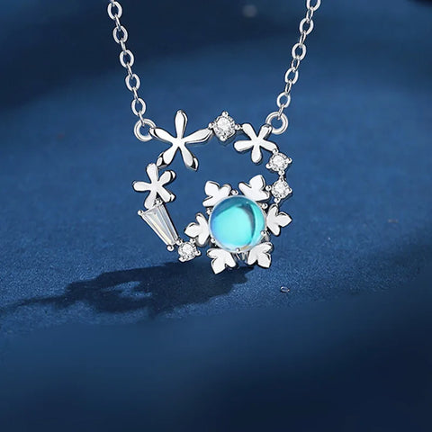 Fashion Blue Snowflake Flower Pendant Choker Necklace for Women's Zircon New Year Gift Party Festival Clavicle Chain Jewelry