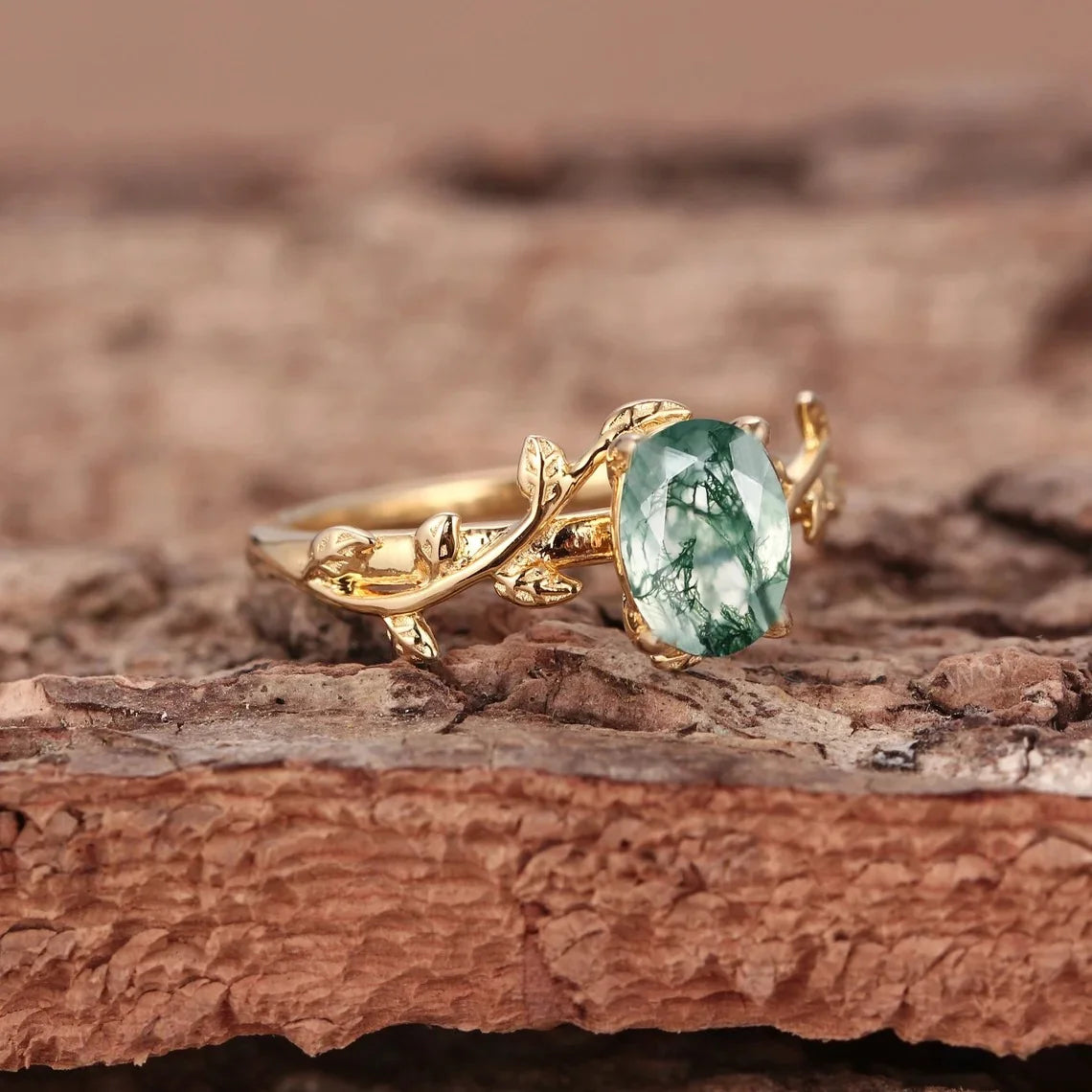 Cocktail Oval Shaped Moss Agate Rings Leaf Branch Ring - BOLEVARD RING