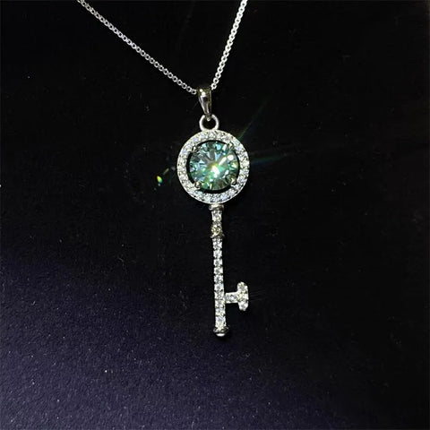 Round Shiny Blue-Green Moissanite Key Pendant Necklace, Luxury Neck Jewelry Valentine's Day Christmas Gifts For Lover