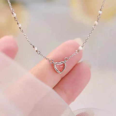 Korean Pink Heart Shape Necklace For Women Fashion Shiny Crystal Pendant Necklace Rhinestone Chain Party Aesthetic Jewelry Gift