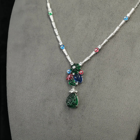 KQDANCE  Luxury Solid 925 Silver Gold Plated Synthetic Gemstone High Carbon Diamond Colorful Flower Green Leaf Fruit Necklace