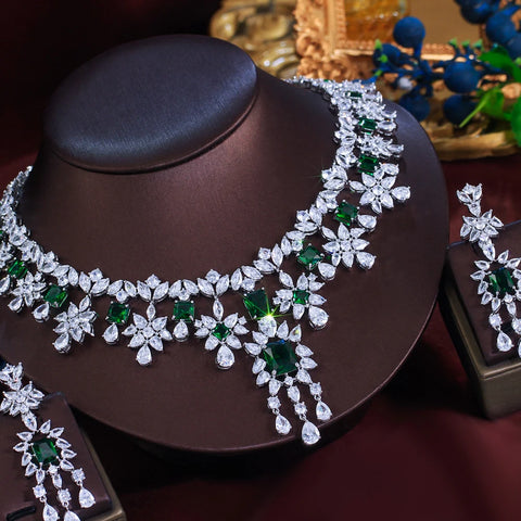 ThreeGraces Luxury Shiny Green Zirconia Long Tassel Drop Earrings Necklace Wedding Bridal Party Jewelry Set for Women T1054