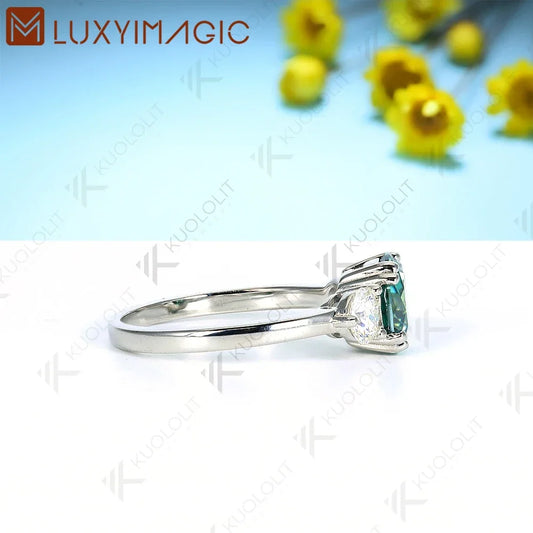 Luxyimagic 2CT Cyan Moissanite and 0.8ct White Moissanite Rings