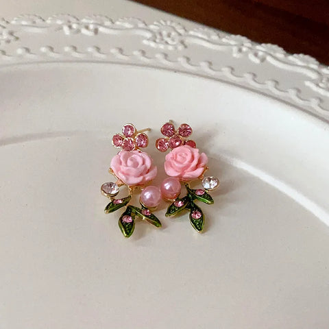 Flower Inlaid Crystal Pearl Necklace Earrings