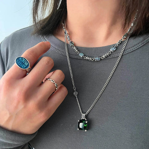 Foydjew Retro Thai Silver Crown Green Zircon Necklaces For Women 2022 Trend Brand Pendant Luxury Temperament Fashion Jewelry