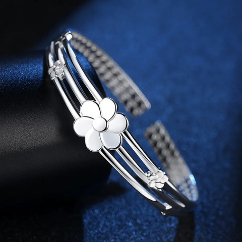 925 Sterling Silver Flower Open Bangle Hand Bracelets