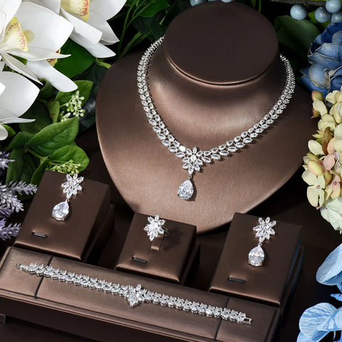HIBRIDE Elegant Women Wedding Jewellery African CZ Crystal Water Drop Bridal Necklace Bracelet And Earrings Jewelry Sets N-789