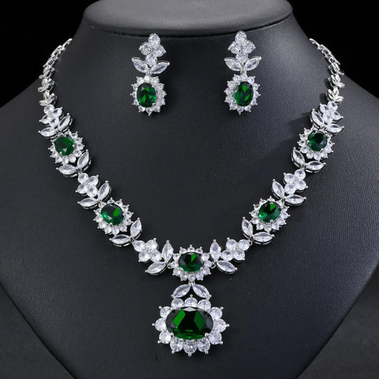 Luxury Indian Jewelry Set For Women Zirconia Bridal Necklace Earring Set For Wedding Evening Party Prom Pendant Necklace
