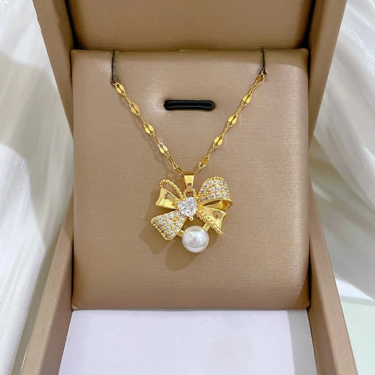 Classic Stainless Steel Gorgeous Pearl Bow Necklace Earrings