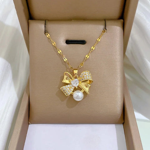 Classic Stainless Steel Gorgeous Pearl Bow Necklace Earrings
