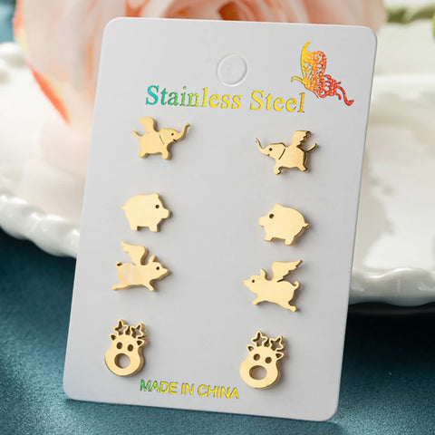 4Pairs/Lot Fashion Stainless Steel Star Moon Stud Earrings Sets