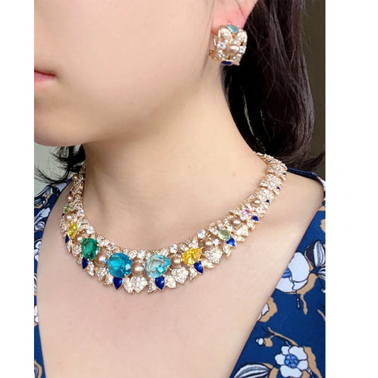 ASNORA Cubic Zirconia Bridal Jewelry Set, Sky Blue Round Necklace 2-piece Women's Engagement Dinner Accessories