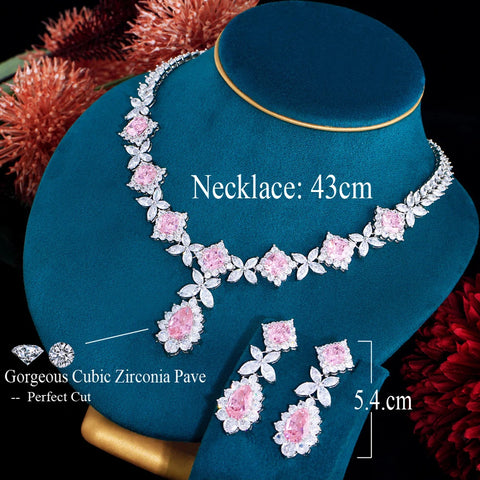 Pera Sweet Pink Cubic Zirconia Long Water Drop Pendant Necklace Earrings Jewelry Sets for Women Wedding Party Accessories J108