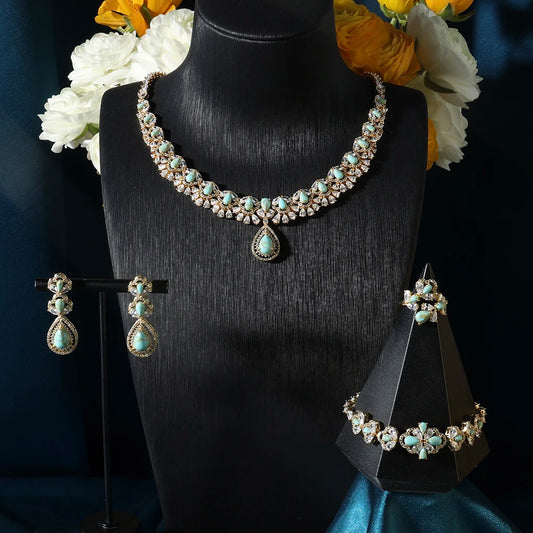 021560 Bridal Necklace Set for Women Turquoise Cubic Zirconia Jewelry Engagement Party Wedding Expensive Jewelry Set Handwork