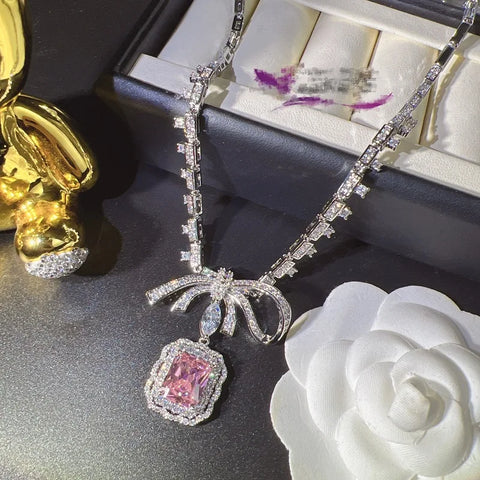 Bowknot Lab Pink Diamond Jewelry set 14K White Gold Engagement Wedding Earrings Necklace For Women Bridal Promise Gift