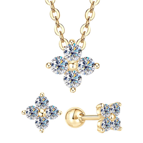 OXTAO Pure 10K Gold Moissanite Jewelry Set GRA Certified Clover Flower Pendant Necklace Mini Cute Earring Wedding Jewelry Gifts