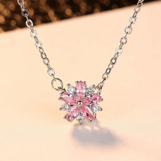 Romantic Sakura Pink Flower Necklace Korean Style Fashionable Full Diamond Light Luxury Versatile Pendant Collarbone Chain