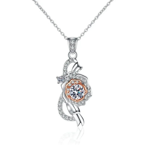 Girlfriend Birthday Gift 18K White Gold Necklaces Women Engagement 0.5CT Moissanite Diamond Rose Pendant Wedding Fine Jewelry