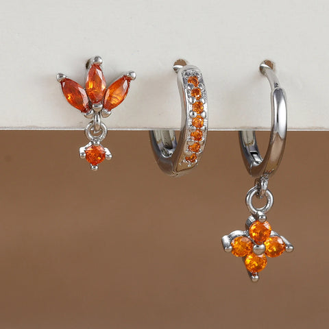 3PCS Fashion Orange Blue Zircon Hanging Earrings