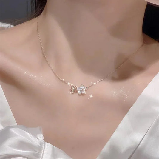 Cute Sweet Zircon Peach Blossom Pendant Clavicle Necklace Women Simple Light Luxury Two Flowers Neck Chain Jewelry
