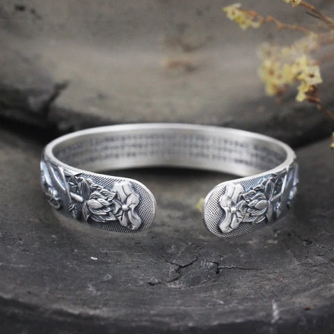 Silver 925 Retro Exquisitely carved Lotus flower bracelet