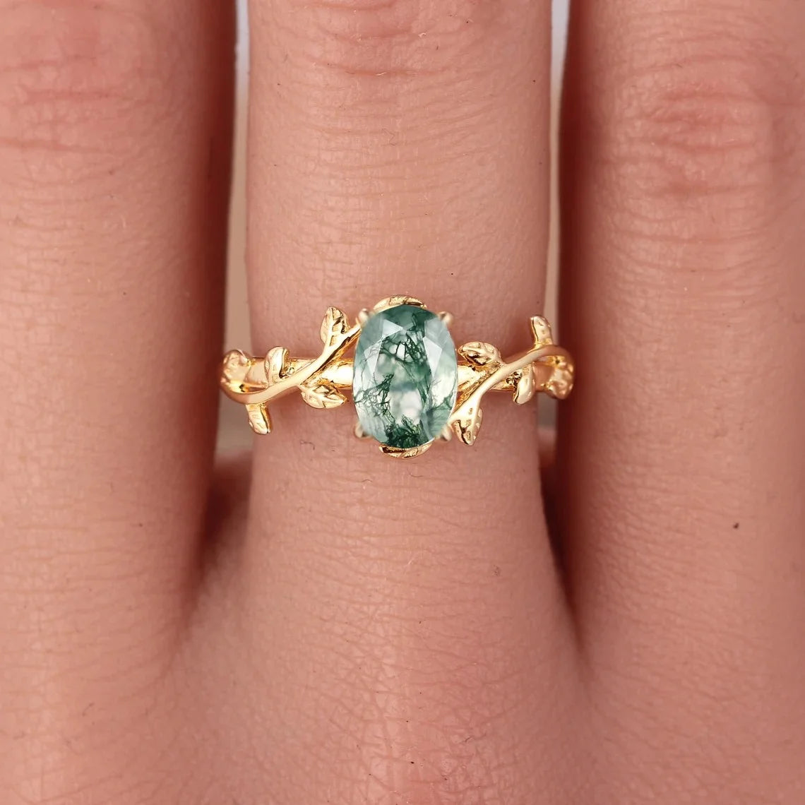 Cocktail Oval Shaped Moss Agate Rings Leaf Branch Ring - BOLEVARD RING