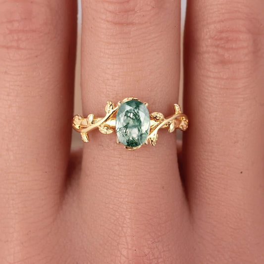 Cocktail Oval Shaped Moss Agate Rings Leaf Branch Ring - BOLEVARD RING