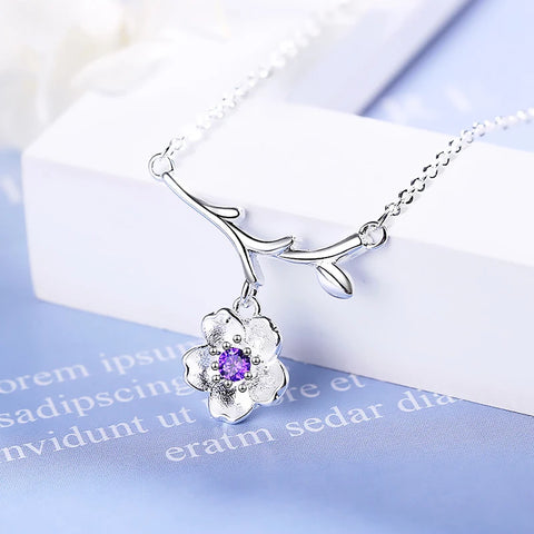 Cute Lovely Branches Cherry Blossoms Pendant Necklaces For Women Shiny Crystal Pink/Purple Zirconia Flower Elegant Neck Jewelry